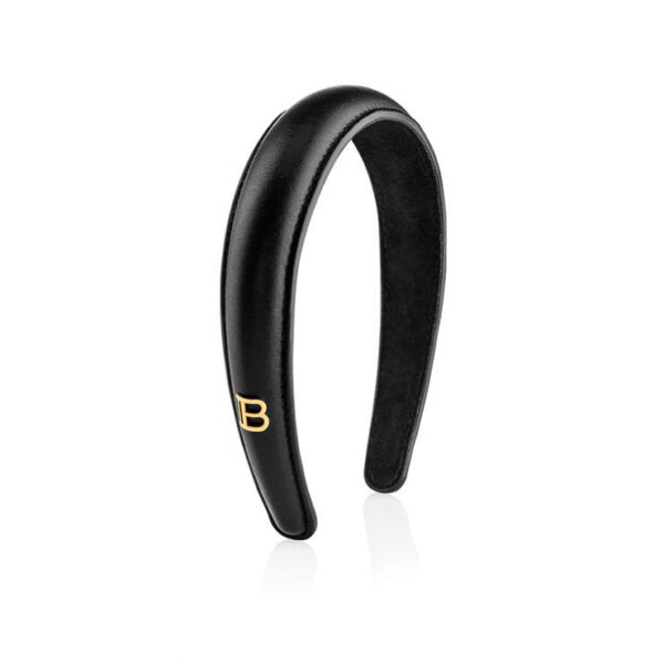 Balmain black napa leather puffed headband with 18K gold-plated B logo