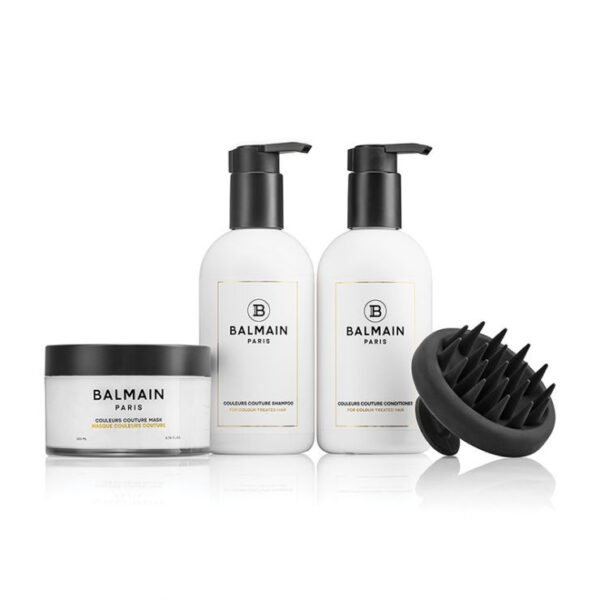Balmain Couleurs Couture Care Set with shampoo, conditioner and mask arranged together