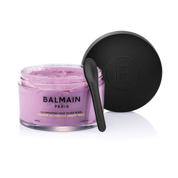 Open jar of Balmain Illuminating Mask Silver Pearl 200ml showing the mask inside