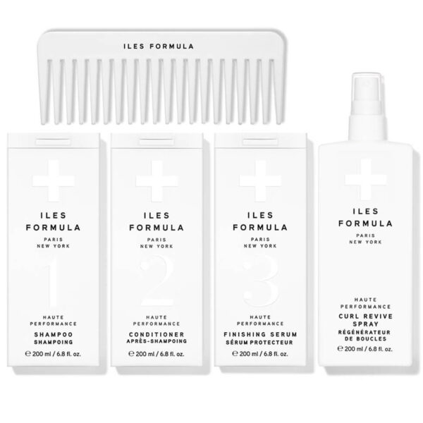 Iles Formula Extension Pack with shampoo, conditioner, Finishing Serum and Curl Revive in a vegan leather bag