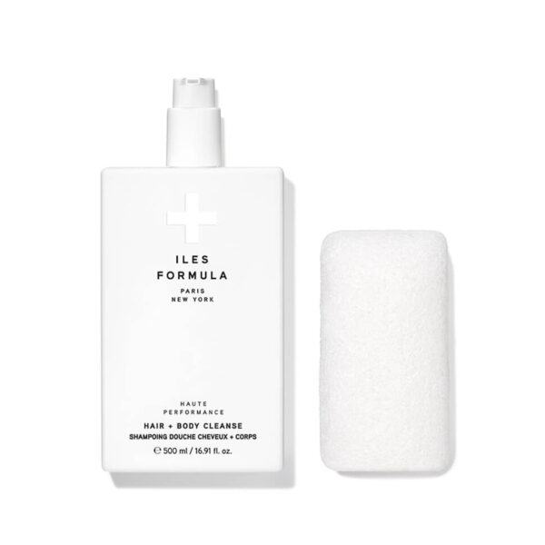 Iles Formula Hair + Body Cleanse bottle with its natural vegetable body sponge