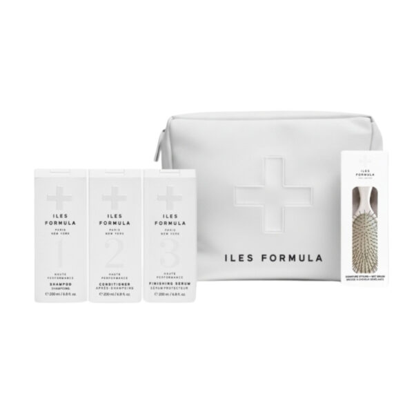 Iles Formula Limited Edition 10th Anniversary Signature Collection with Haute Performance shampoo, conditioner, serum, white styling brush and vegan leather beauty bag