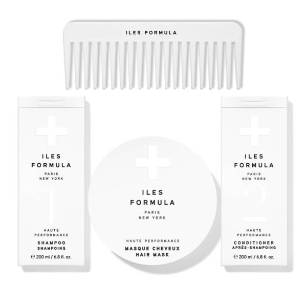 Iles Formula Nurture Pack contents: shampoo, hair mask, conditioner, and wide-tooth distribution comb