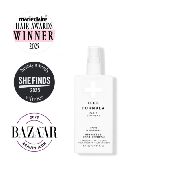 Iles Formula Rinseless Root Refresh 100ml spray bottle with its 2025 Marie Claire, SHEFINDS, and Harper's Bazaar beauty award wins