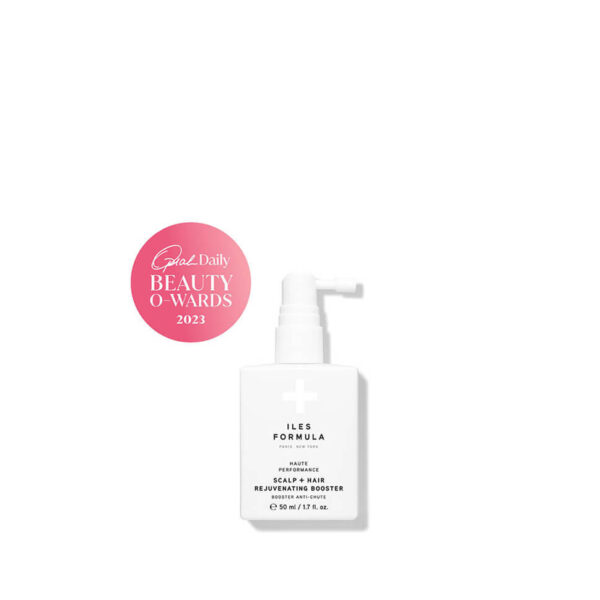 Iles Formula Scalp + Hair Rejuvenating Booster spray bottle with its 2023 beauty award badge