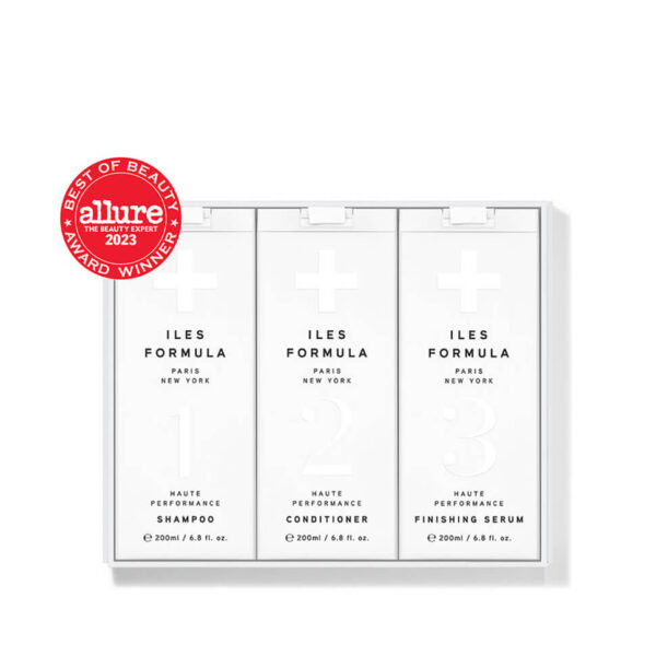 Iles Formula Signature Collection box with shampoo, conditioner, and finishing serum, shown with its Allure Best of Beauty 2023 award badge