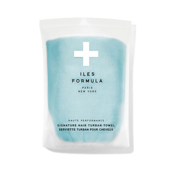 Iles Formula Signature Hair Turban Towel in blue, ultra-soft microfiber with button-and-loop closure