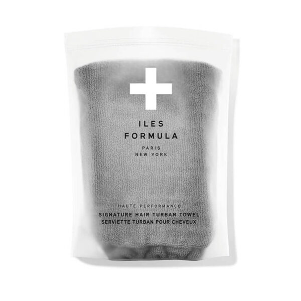 Iles Formula Hair Turban Towel in grey with button-and-loop closure
